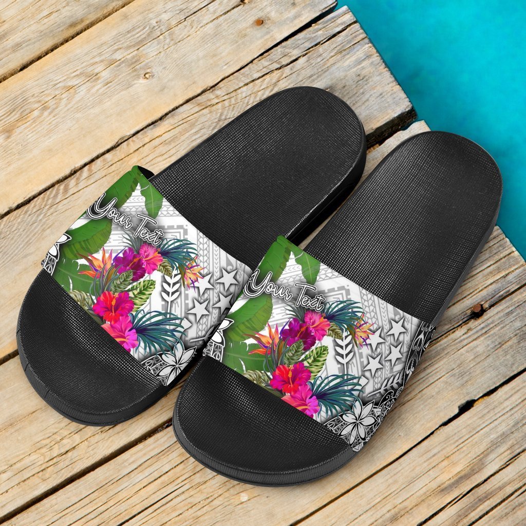 Kosrae Custom Personalised Slide Sandals White - Turtle Plumeria Banana Leaf - Polynesian Pride