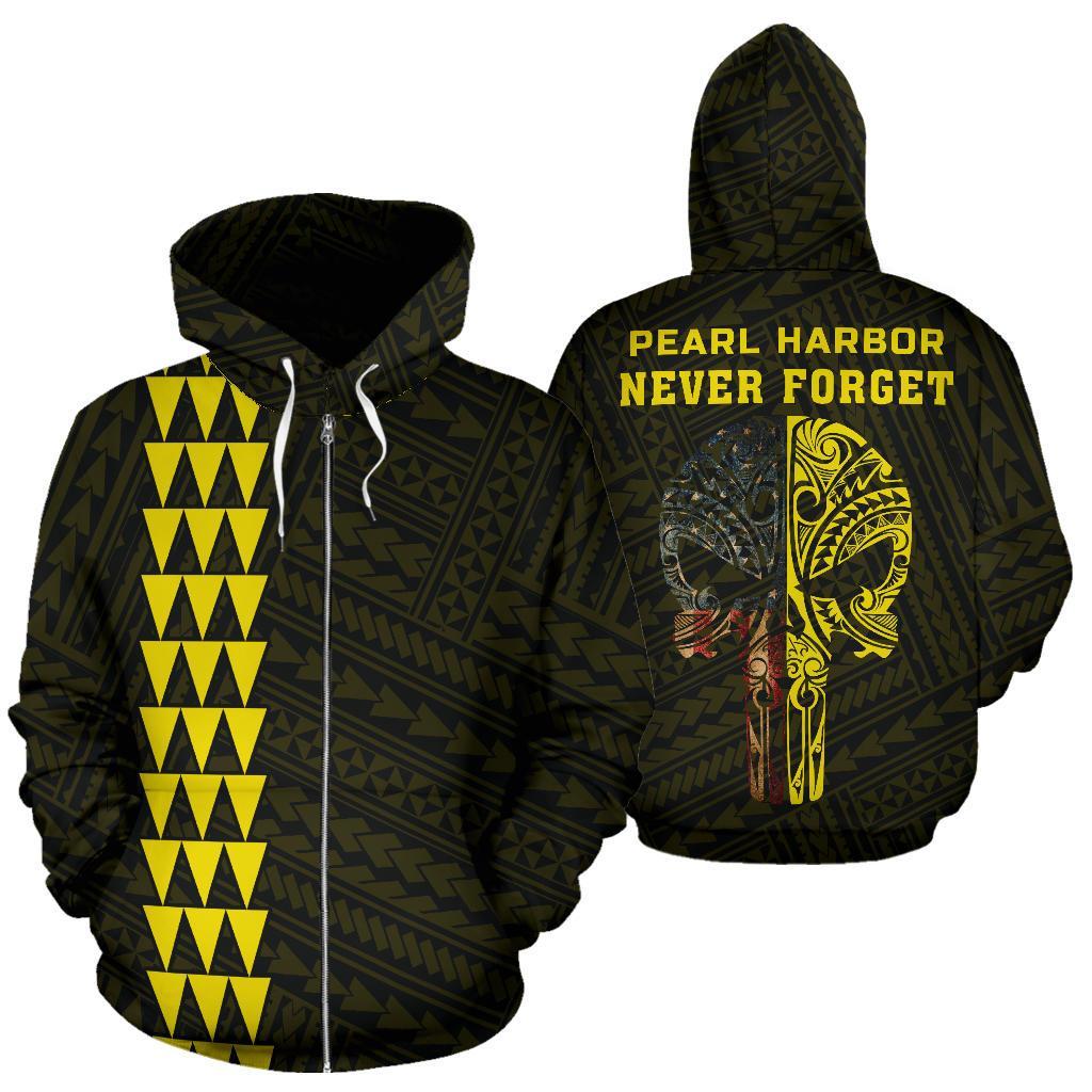 Polynesian Kakau Skull National Pearl Harbor Remembrance Day Hawaii Zip Hoodie Yellow Unisex Yellow - Polynesian Pride