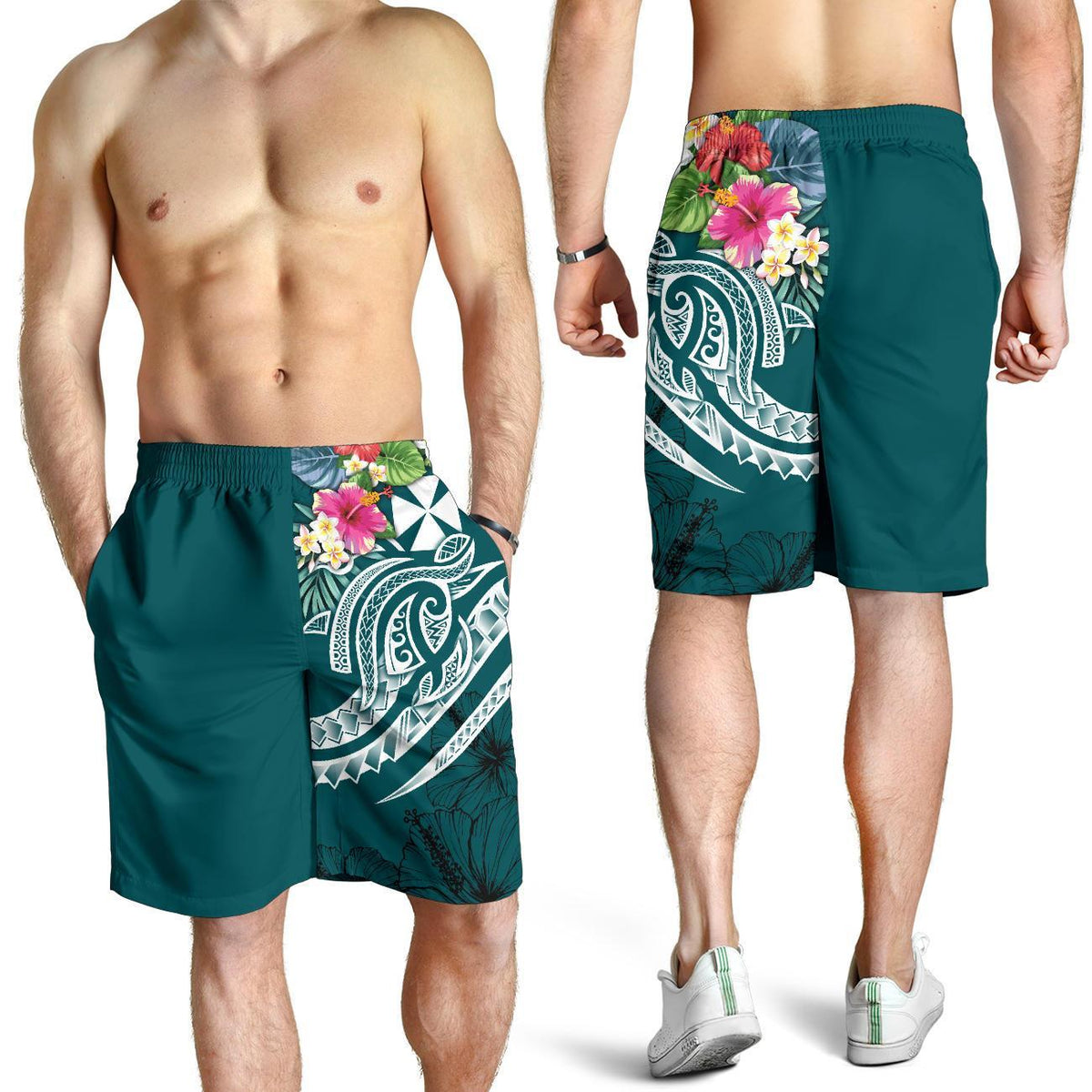 Wallis and Futuna Polynesian Men's Shorts - Summer Plumeria (Turquoise) - Polynesian Pride