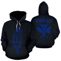 Polynesian Fish Hook Kanaka Map of Hawaii Hoodie Blue Unisex Blue - Polynesian Pride
