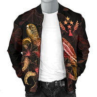 Kosrae Polynesian Men's Bomber Jacket - Turtle With Blooming Hibiscus Gold - Polynesian Pride