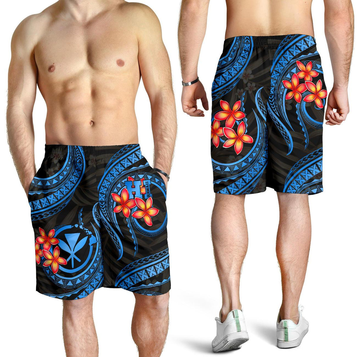 Polynesian Hawaii Men Shorts - Blue Plumeria - Polynesian Pride
