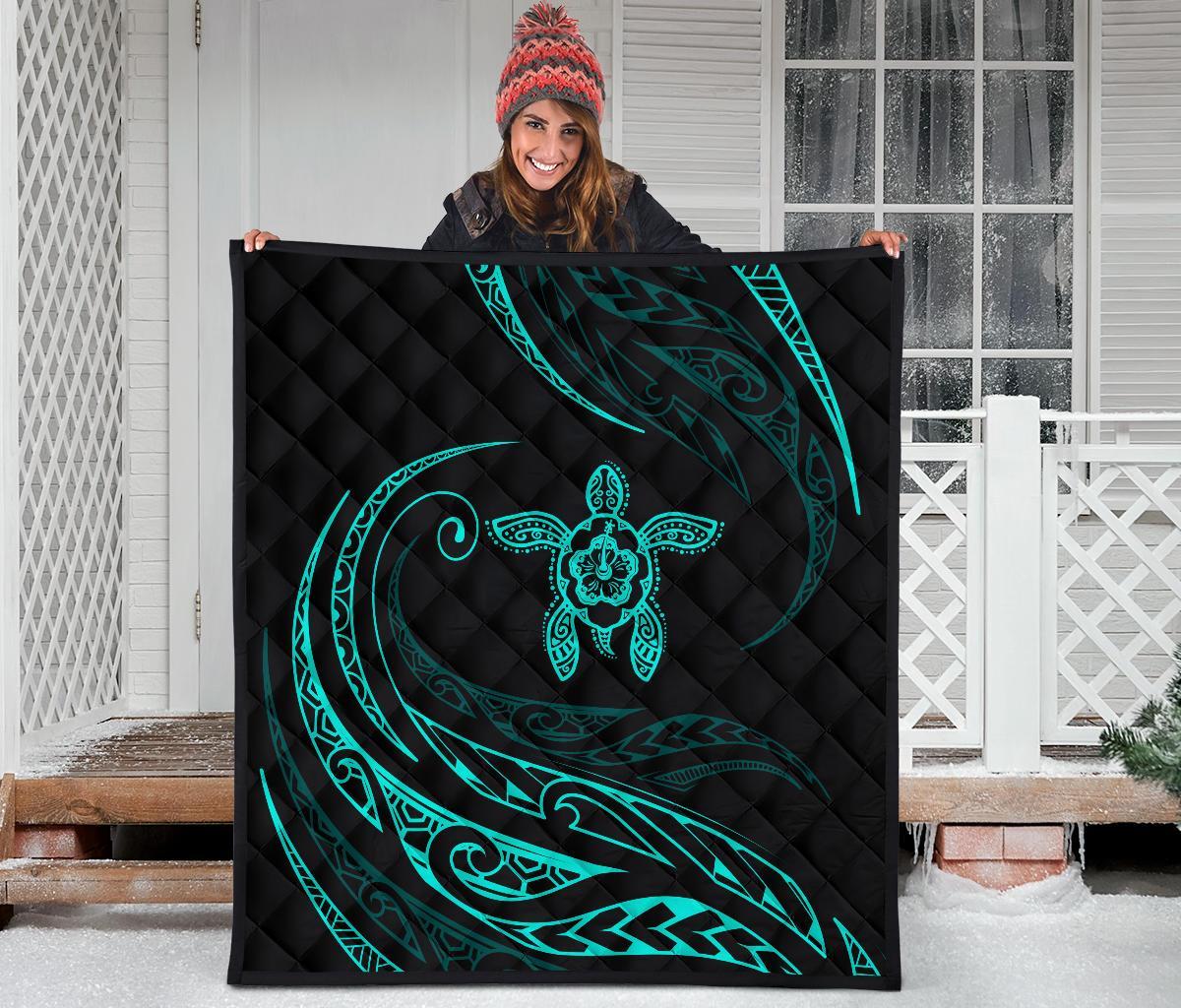 Hawaii Turtle Hibicus Premium Quilt - Frida Style - Turquoise - Polynesian Pride
