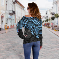 Fiji Polynesian Women's Off Shoulder Sweater - Blue Turtle - Polynesian Pride