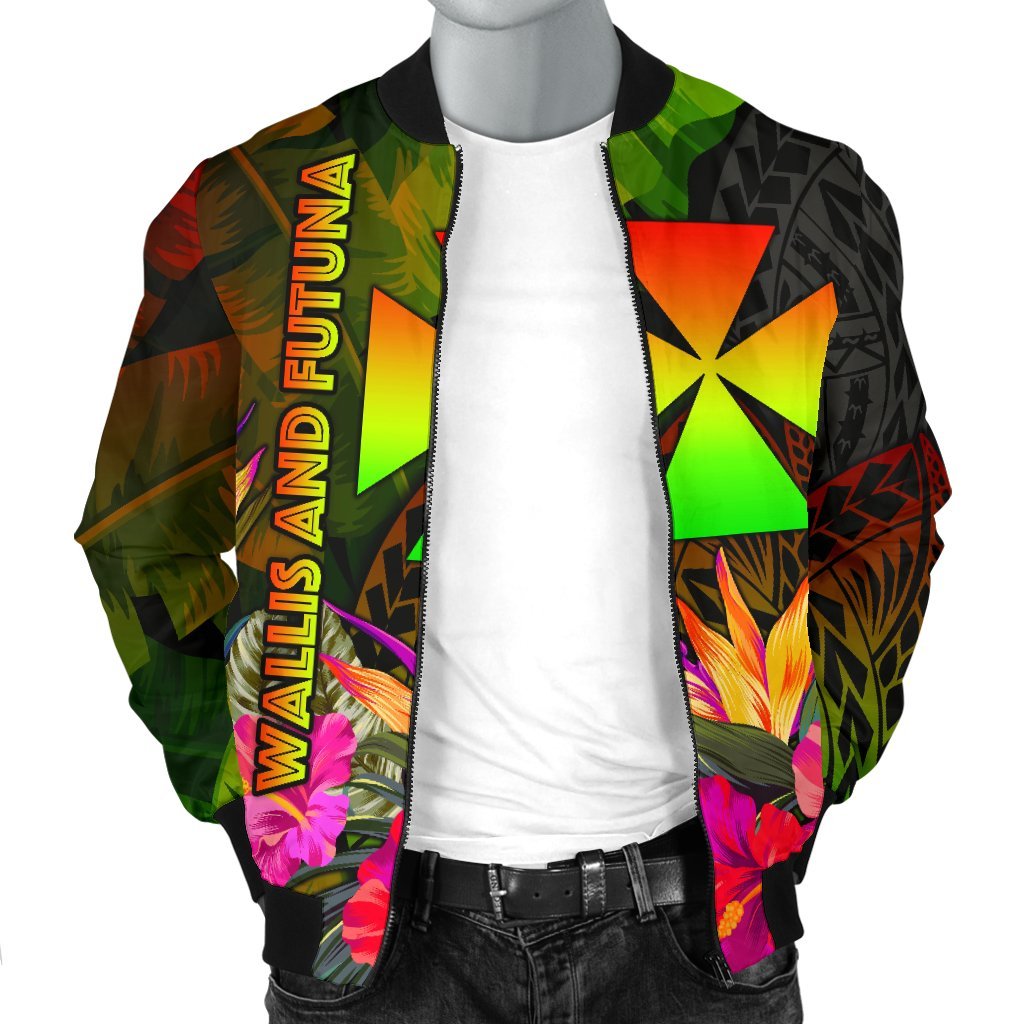 Wallis and Futuna Polynesian Men's Bomber Jacket - Hibiscus and Banana Leaves - Polynesian Pride