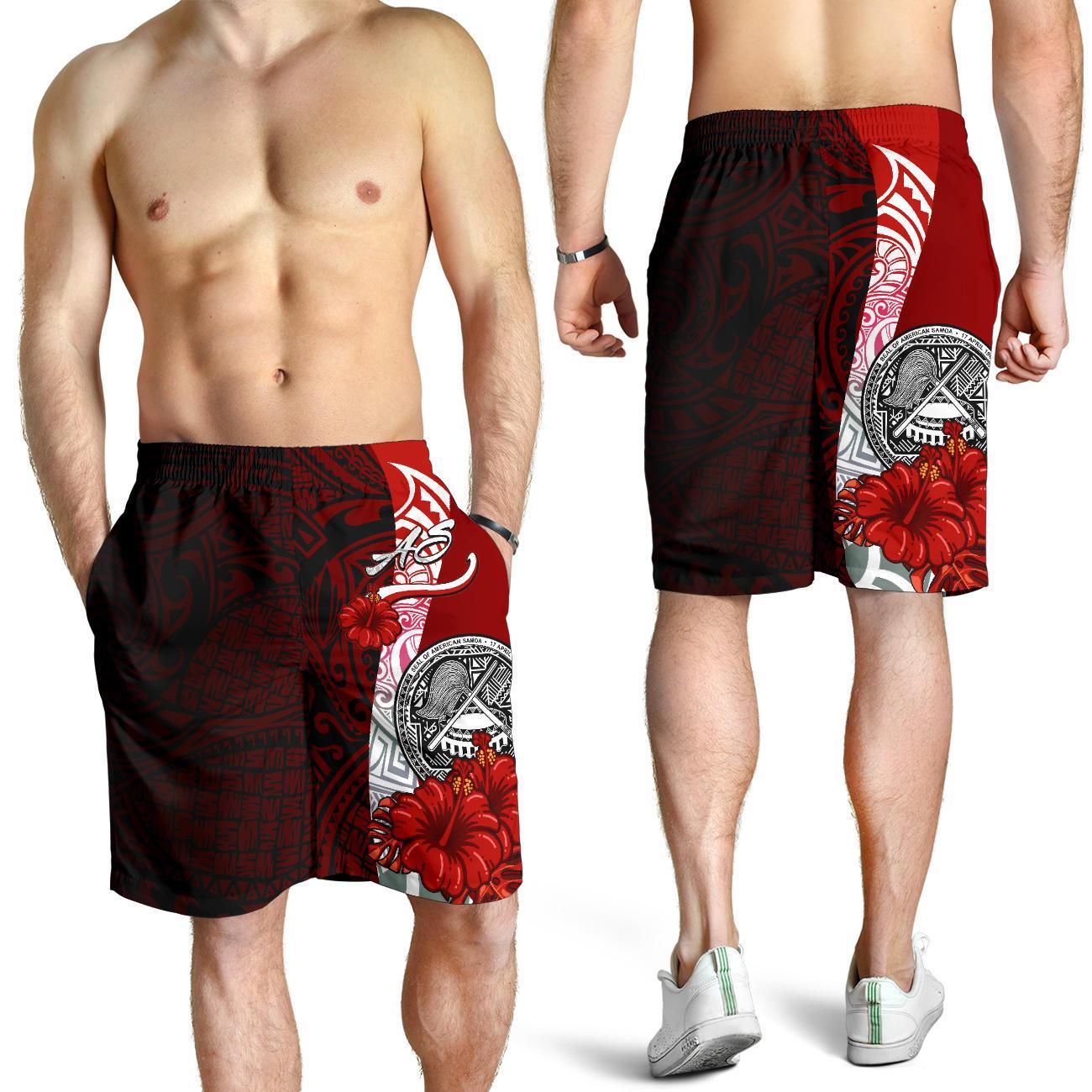 American Samoa Polynesian Men's Shorts - Coat Of Arm With Hibiscus Red - Polynesian Pride