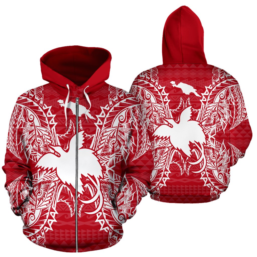 Papua New Guinea Polynesian All Over Zip up Hoodie Map Red White Unisex Red - Polynesian Pride