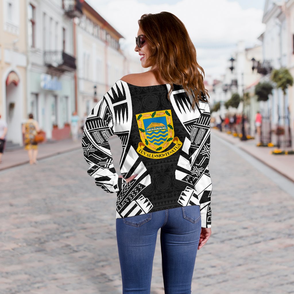 Tuvalu Women's Off Shoulder Sweater - Polynesian Tattoo Black - Polynesian Pride