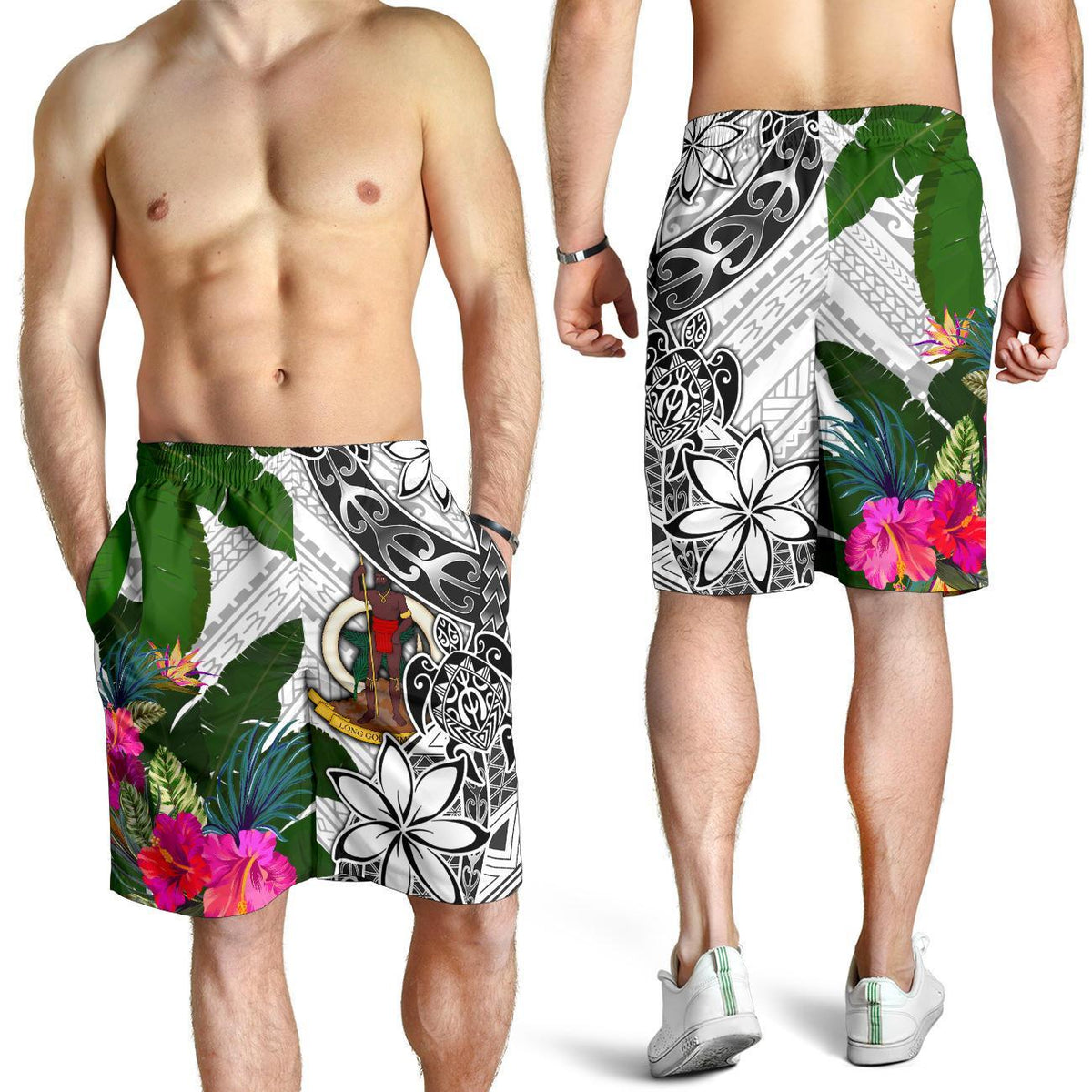 Vanuatu Men's Short White - Turtle Plumeria Banana Leaf - Polynesian Pride