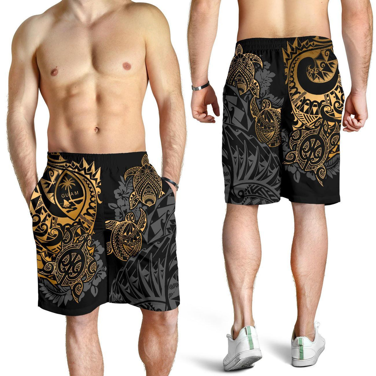 Guam Polynesian Shorts (Men) - Gold Turtle Flowing - Polynesian Pride