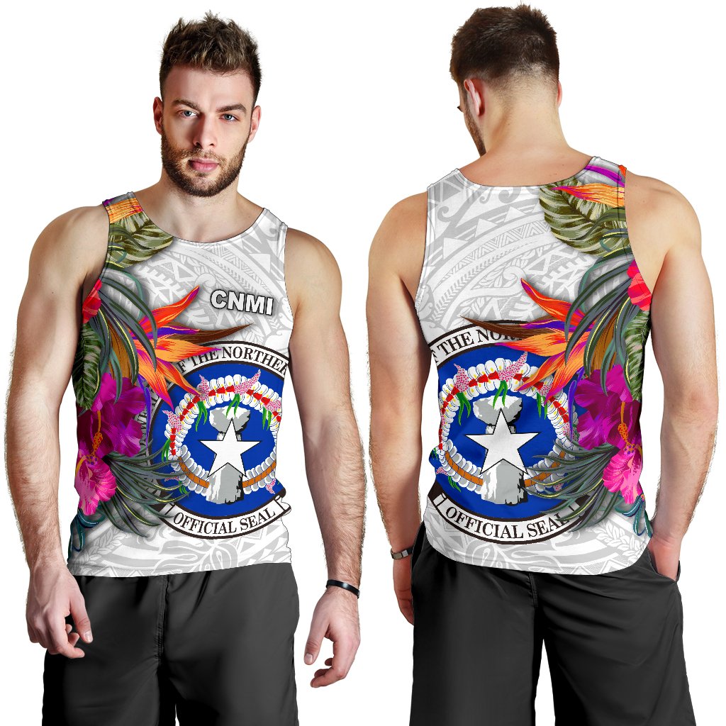 Northern Mariana Islands Men's Tank Top Polynesian Hibiscus White Pattern White - Polynesian Pride