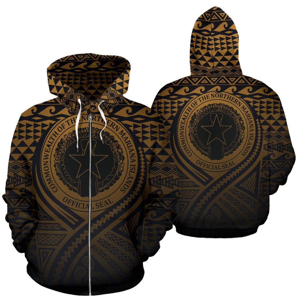 Northern Mariana Islands All Over Zip up Hoodie Lift up Gold Unisex Gold - Polynesian Pride