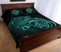 Hawaii Map Turtle Hibiscus Divise Turquoise Polynesian Quilt Bed Set - Polynesian Pride