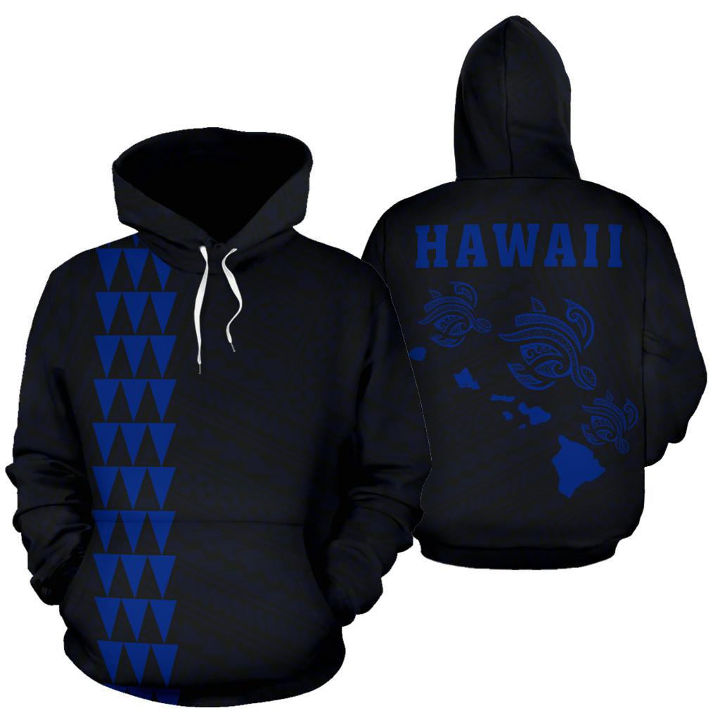 Polynesian Kakau Three Turtle Map of Hawaii Hoodie Blue Unisex Blue - Polynesian Pride