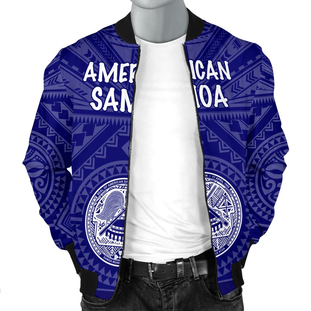 American Samoa Men's Bomber Jacket - Seal In Polynesian Tattoo Style ( Blue) - Polynesian Pride