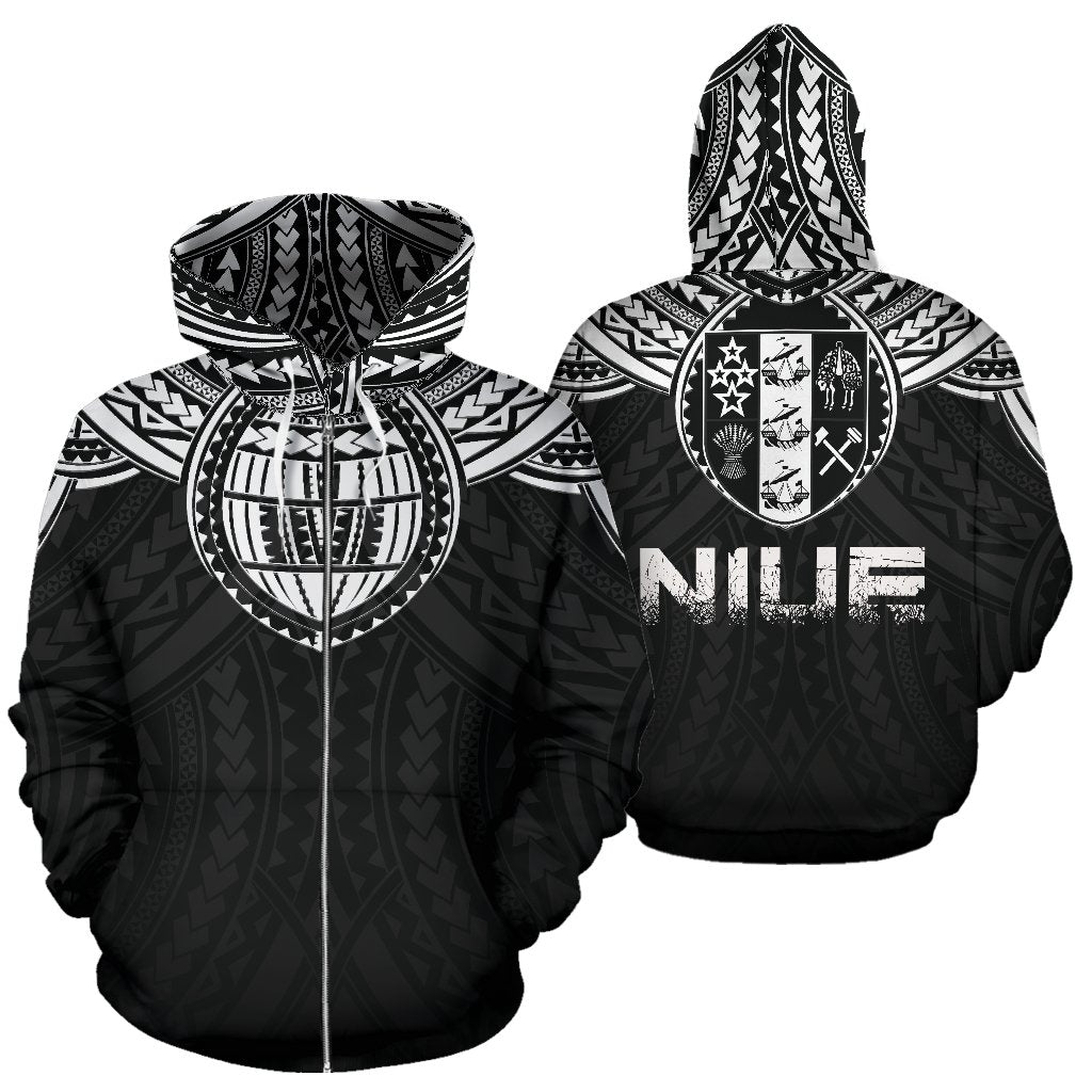 Niue Zip up Hoodie Niue Coat of Arms Polynesian Tattoo A5 Unisex Black - Polynesian Pride