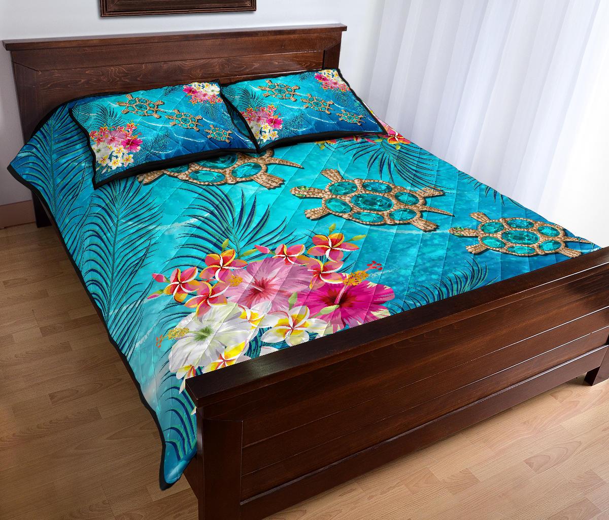 Hawaii Turtle Ocean Tropical Flowers Quilt Bed Set - Siri Style - AH - Polynesian Pride