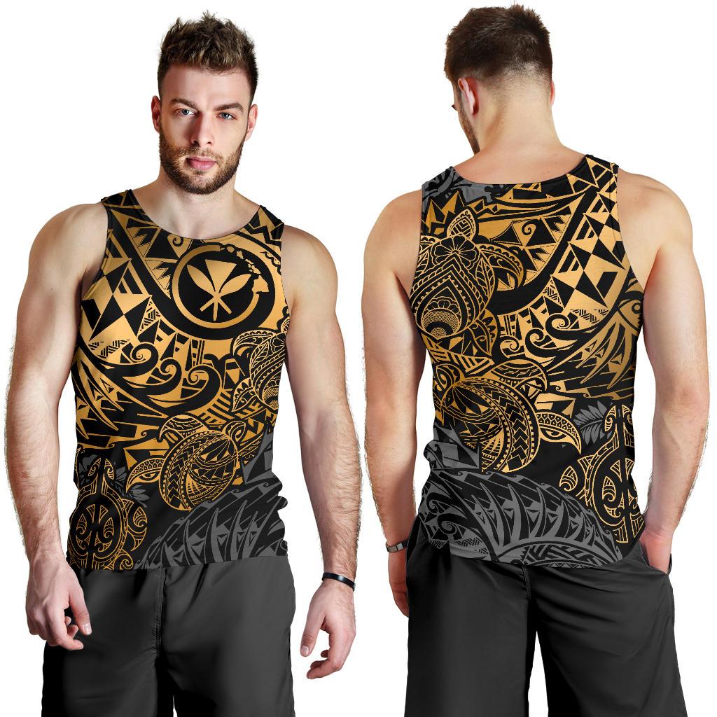 Polynesian Hawaii (Kanaka Maoli) Men's Tank Top - Gold Turtle Hibiscus Flowing - Polynesian Pride