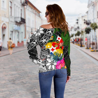 Tonga Off Shoulder Sweater - Turtle Plumeria Banana Leaf - Polynesian Pride