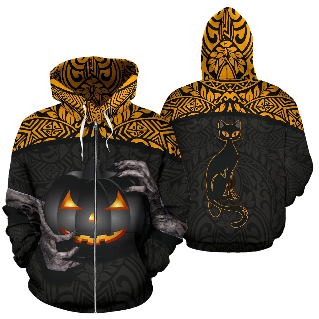 Halloween Polynesian Zip Hoodie Hold Your Pumpkins and Black Cat Unisex Black - Polynesian Pride