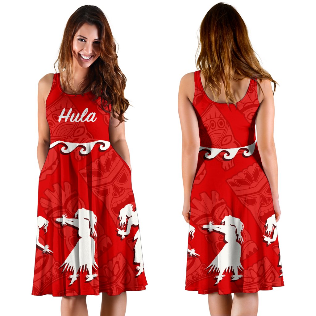 Hawaiian Hula Girls Dance in Red Midi Dress - Polynesian Pride
