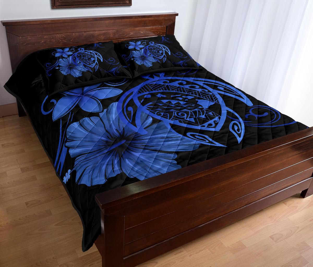 Hawaii Turtle Kanaka Map Hibiscus Poly Quilt Bed Set - Blue - Polynesian Pride