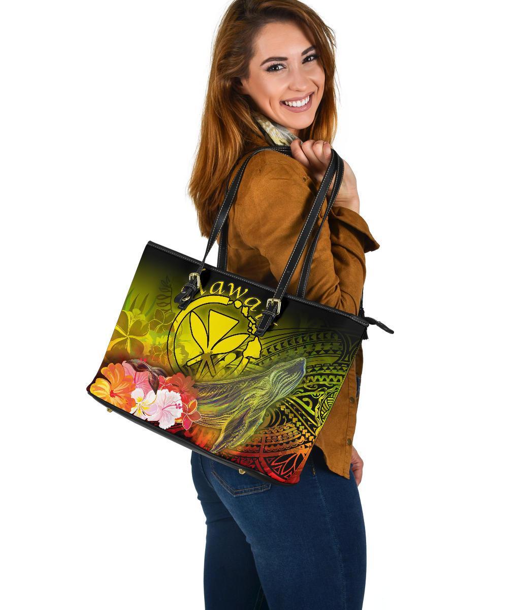 Polynesian Hawaii Large Leather Tote Bags - Kanaka Maoli Humpback Whale with Tropical Flowers (Yellow) - Polynesian Pride