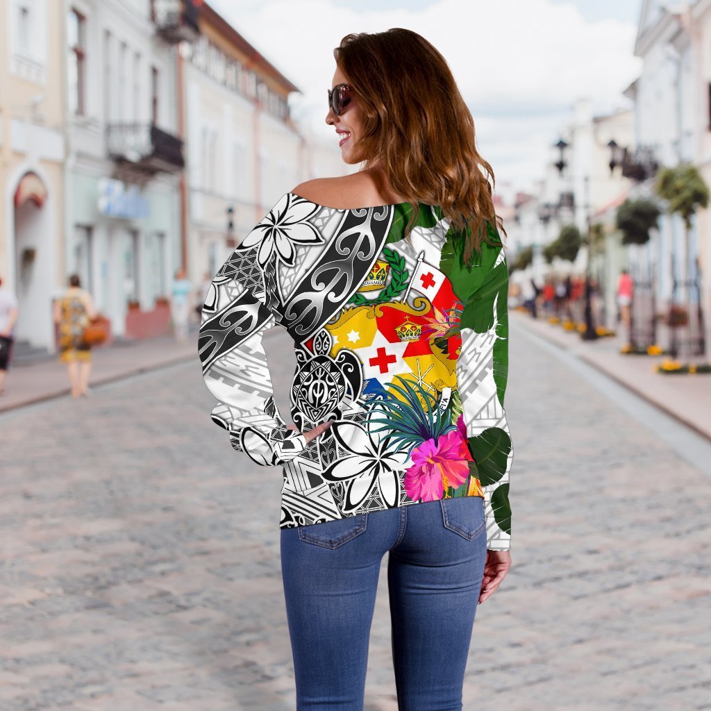 Tonga Custom Personalised Women's Off Shoulder Sweater White - Turtle Plumeria Banana Leaf - Polynesian Pride