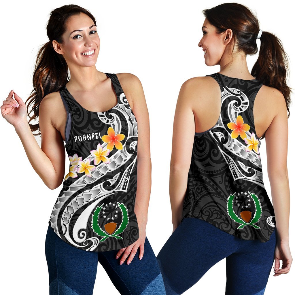 Pohnpei Women's Racerback Tank - Pohnpei Seal Polynesian Patterns Plumeria (Black) - Polynesian Pride