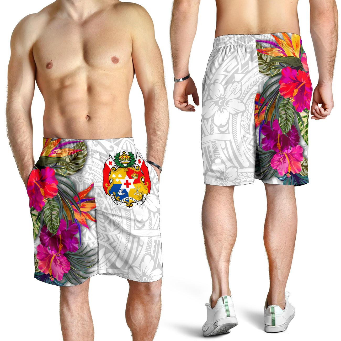 Tonga All Over Print Men's Shorts Polynesian Hibiscus White Pattern White - Polynesian Pride