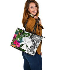 Wallis And Futuna Custom Personalised Large Leather Tote White - Turtle Plumeria Banana Leaf - Polynesian Pride