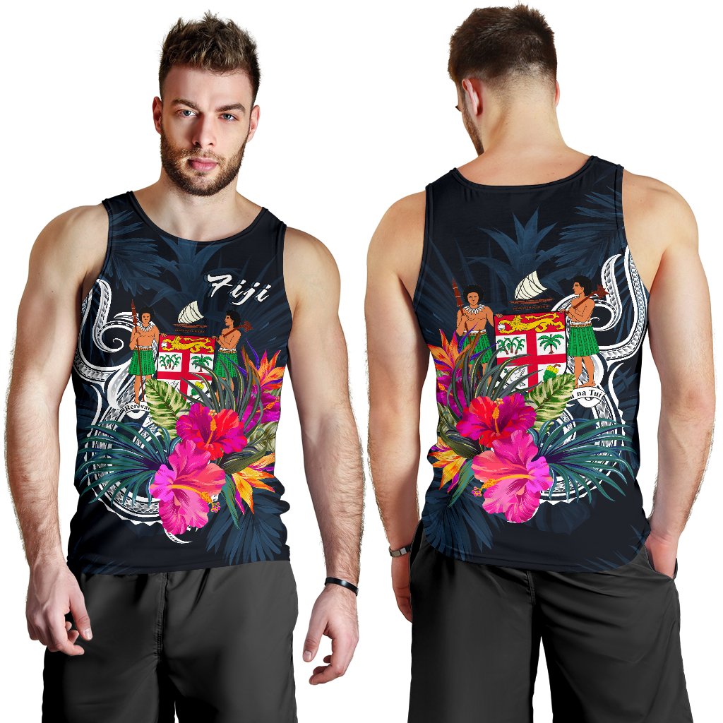 Fiji Polynesian Men's Tank Top - Tropical Flower Blue - Polynesian Pride