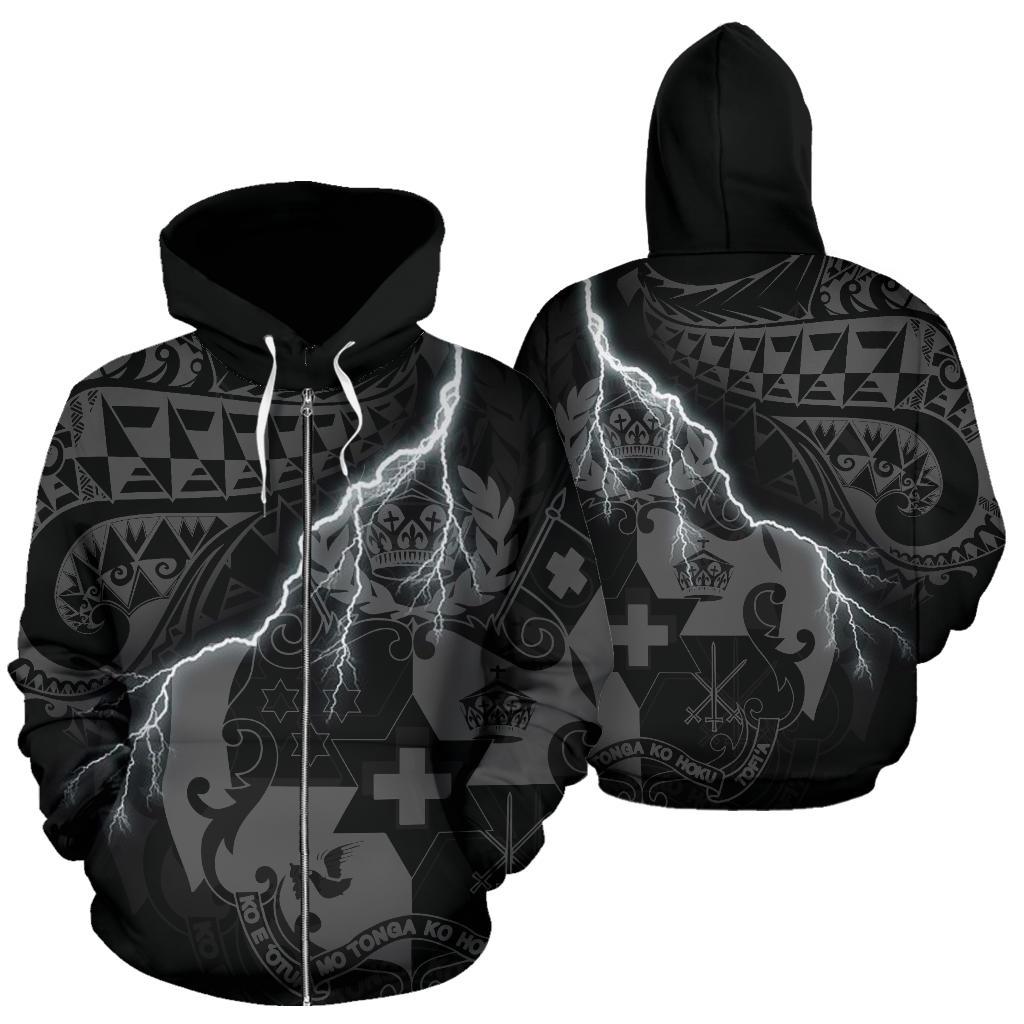Tonga Polynesian Zip up Hoodie Lighting Thunder Unisex Black - Polynesian Pride