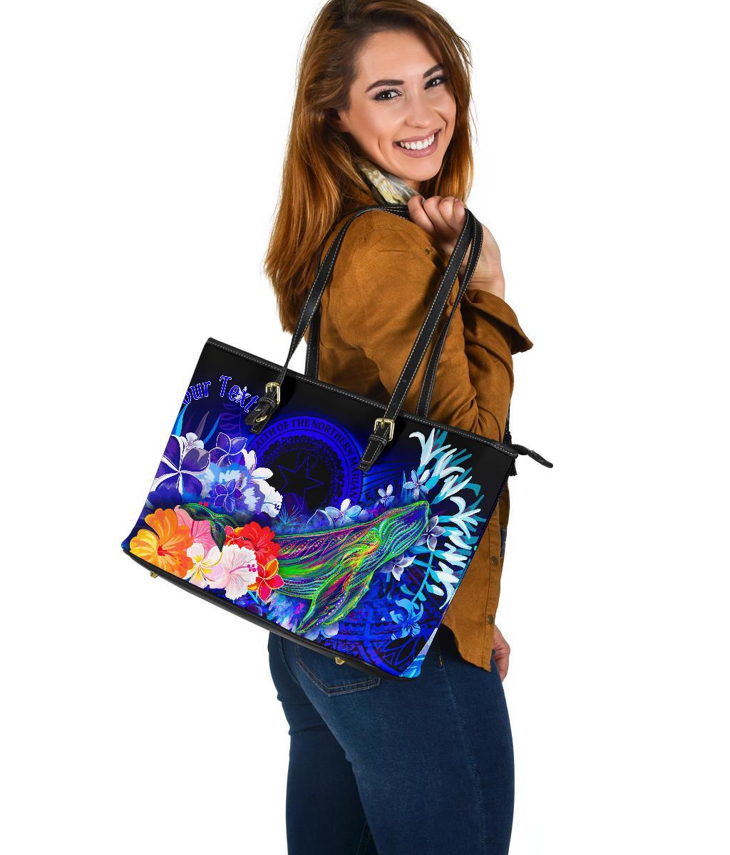 CNMI Custom Personalised Large Leather Tote Bag - Humpback Whale with Tropical Flowers (Blue) Blue - Polynesian Pride