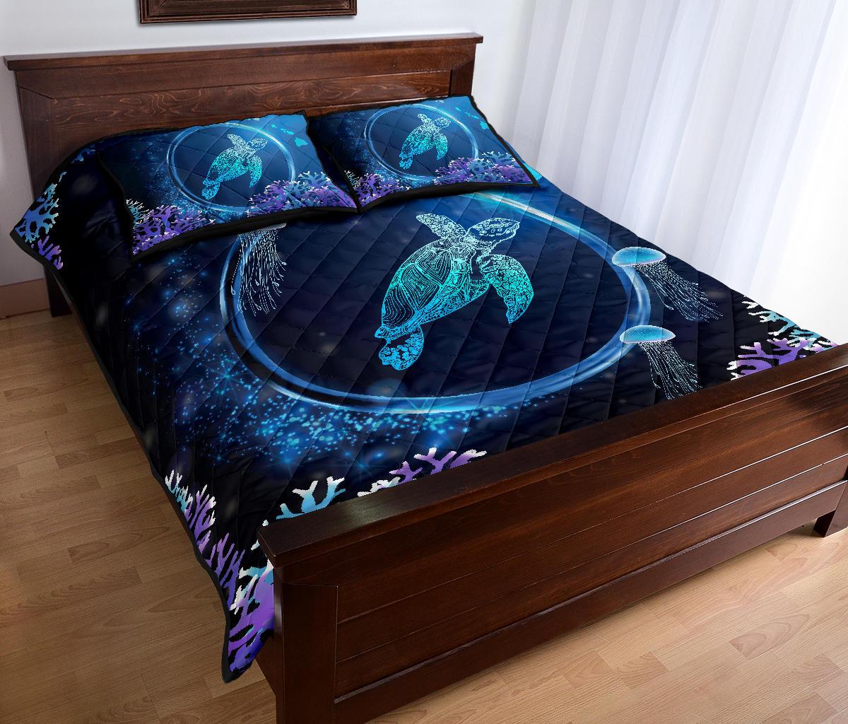 Hawaii Turtle Jellyfish Coral Galaxy Quilt Bed Set - Polynesian Pride