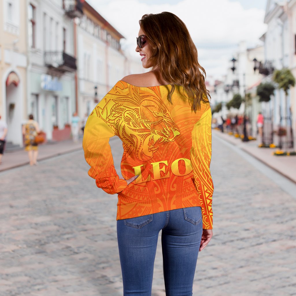 Sun In Leo Zodiac Women Off Shoulder Sweater Polynesian Tattoo Simple - Orange - Polynesian Pride