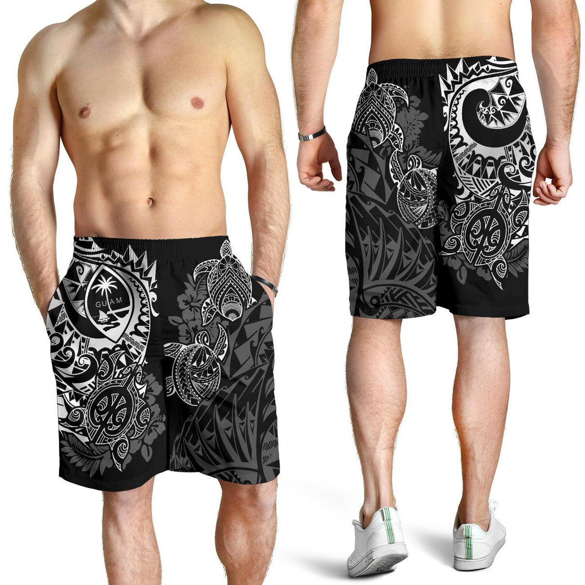 Guam Polynesian Shorts (Men) - White Turtle Flowing - Polynesian Pride