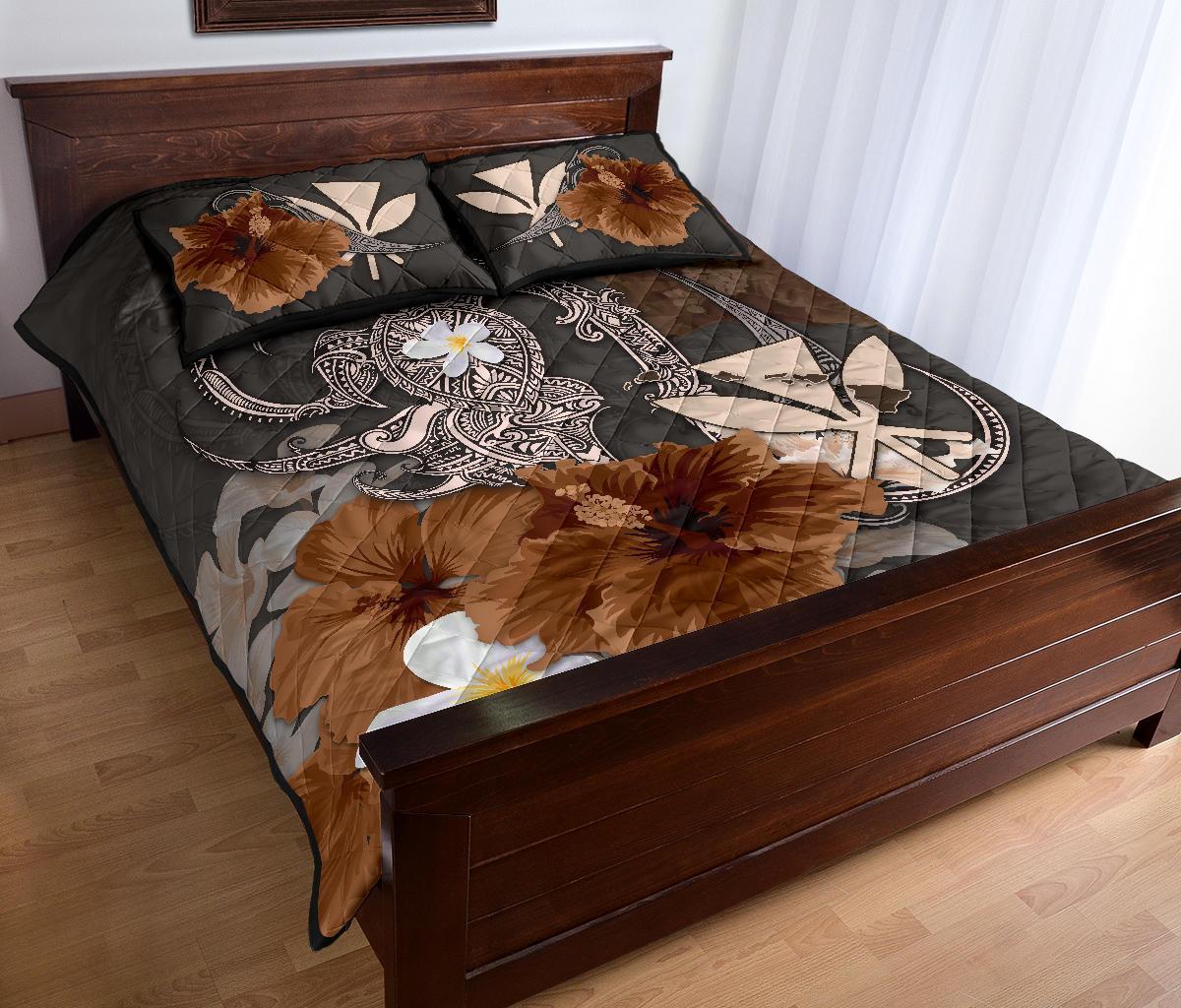 Kanaka Maoli (Hawaii) Quilt Bed Set - Hibiscus Turtle Tribal Brown - Polynesian Pride
