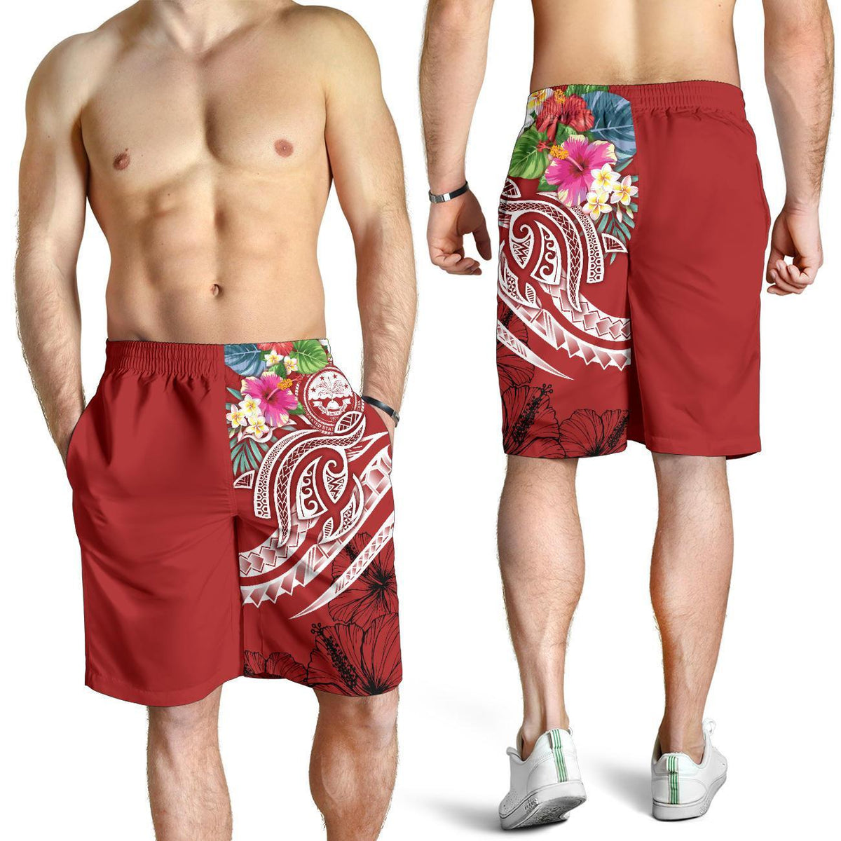 FSM Polynesian Men's Shorts - Summer Plumeria (Red) - Polynesian Pride