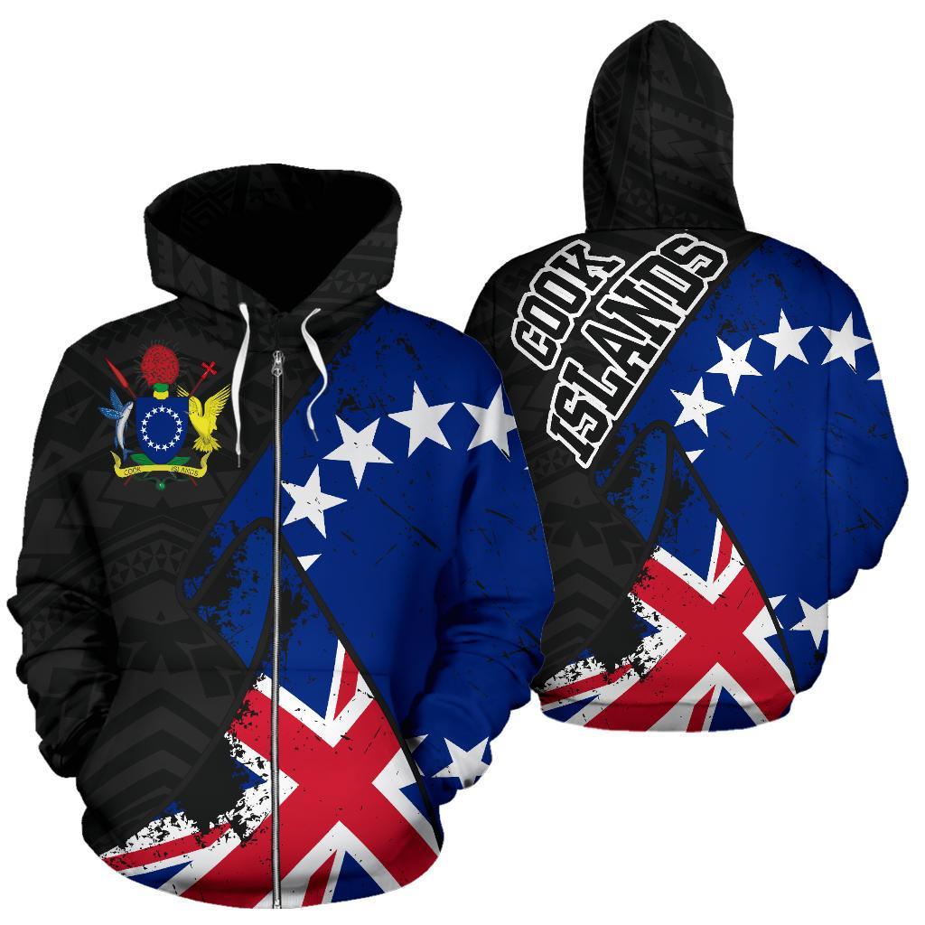 Cook Islands Special Grunge Flag Zip up Hoodie Unisex Black - Polynesian Pride