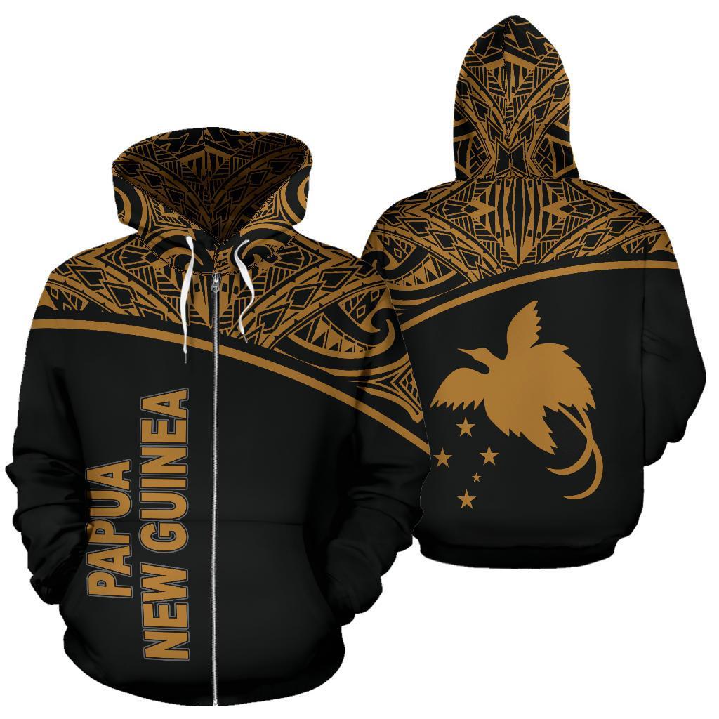 Papua New Guinea Polynesian All Over Zip up Hoodie Gold Curve Unisex Black - Gold - Polynesian Pride