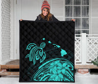 Hawaii Map Plumeria Polynesian Turquoise Premium Quilt - Polynesian Pride