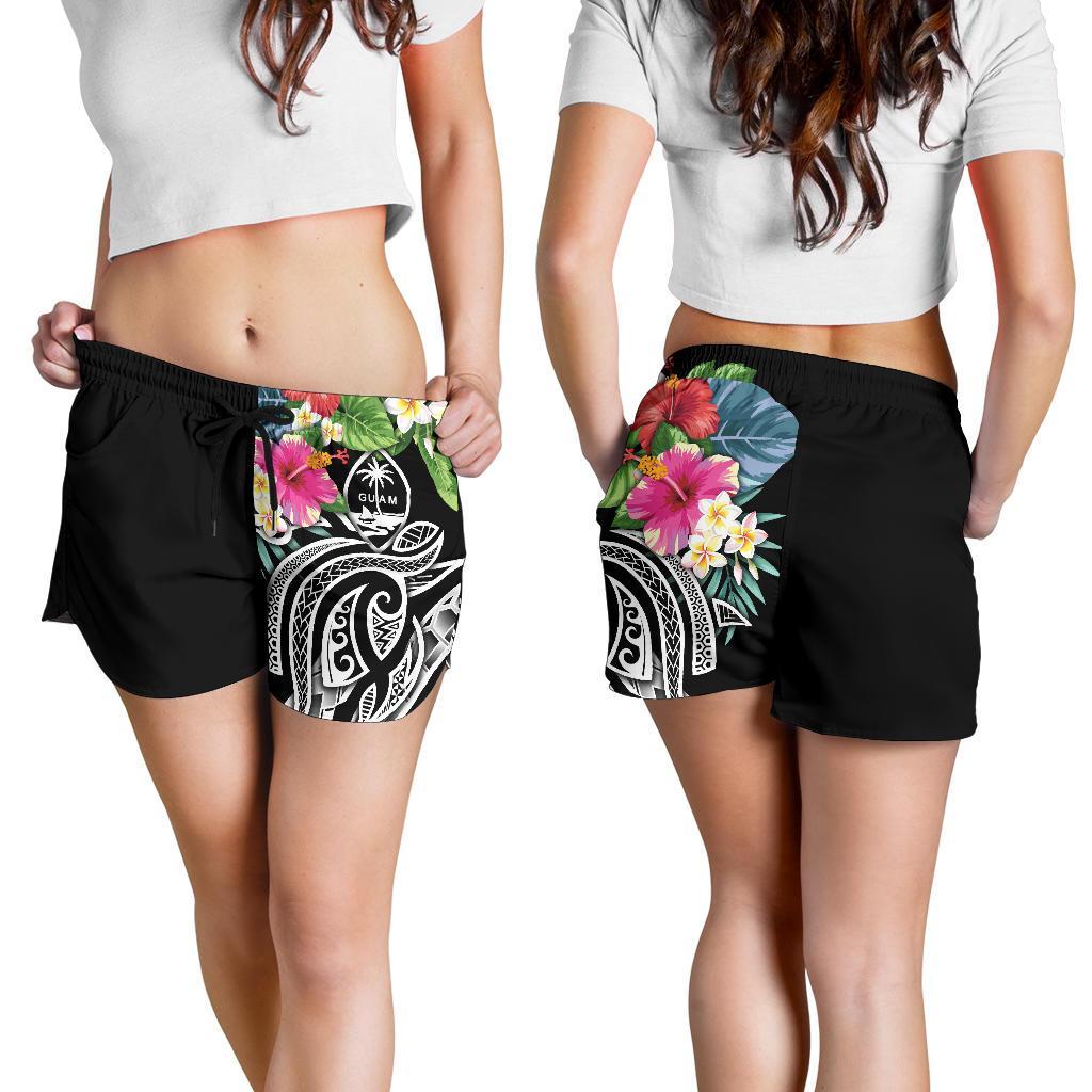 Guam Polynesian Women's Shorts - Summer Plumeria (Black) - Polynesian Pride