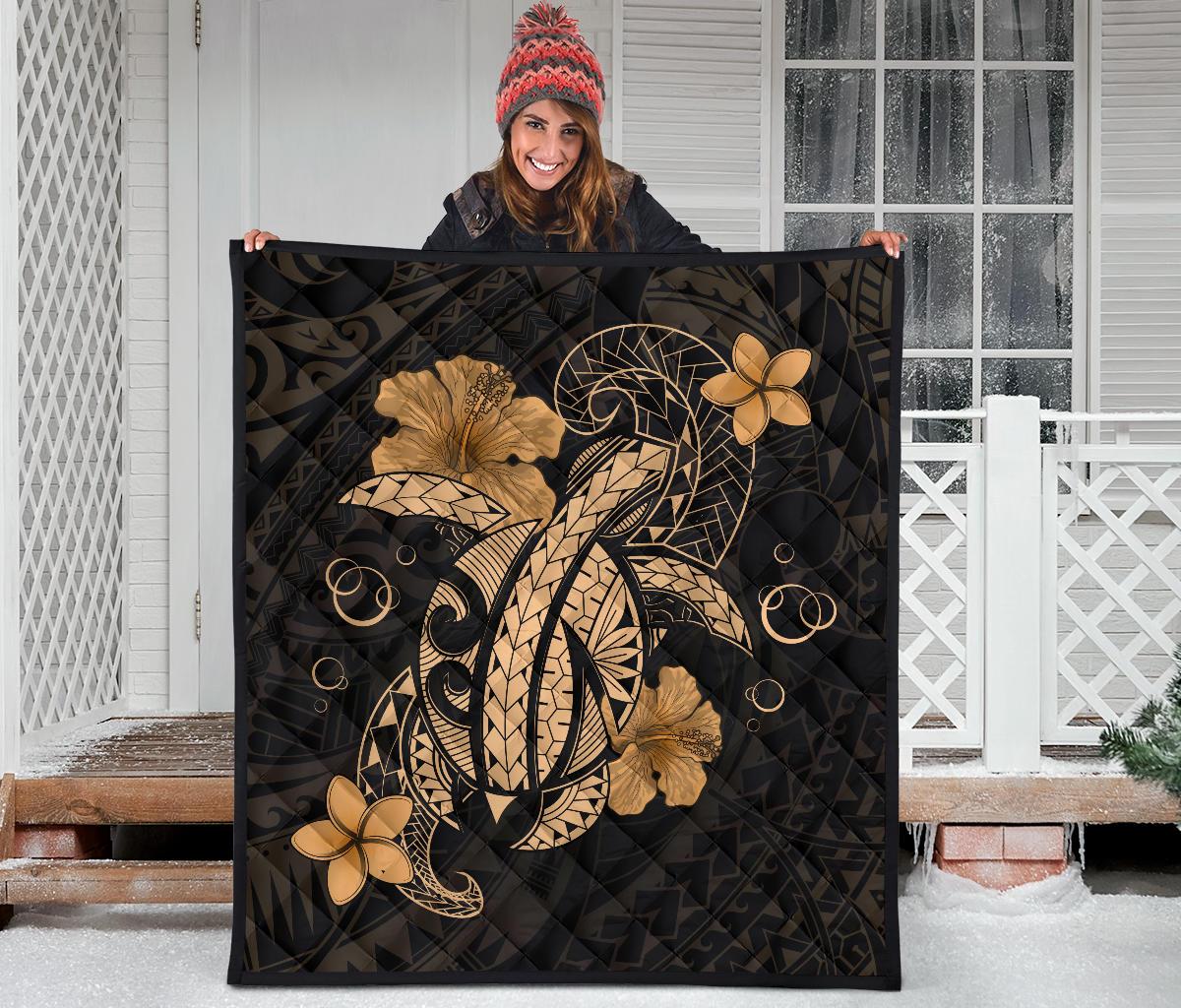 Hawaii Turtle Flower Polynesian Premium Quilt - Gold - Polynesian Pride