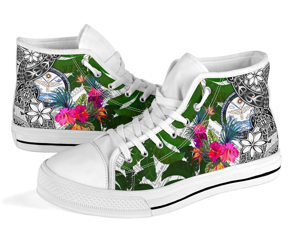 Marshall Islands High Top Shoes White - Turtle Plumeria Banana Leaf Crest - Polynesian Pride
