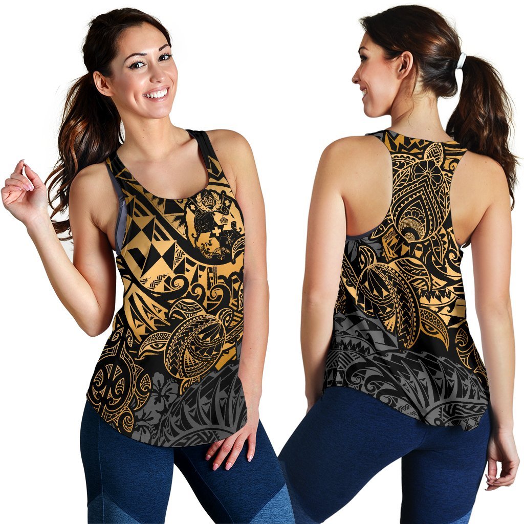 Tonga Polynesian Racerback Tank (Women) - Gold Turtle Flowing - Polynesian Pride