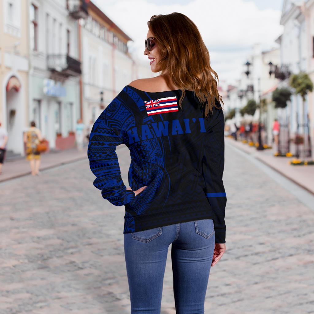 Hawaii Kanaka Polynesian Women's Off Shoulder Sweater - Blue - Polynesian Pride