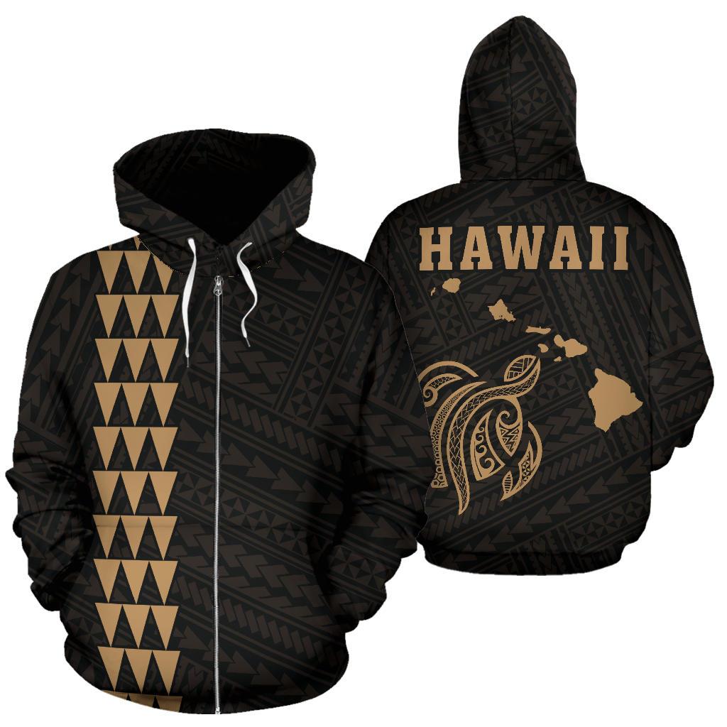 Polynesian Kakau Turtle Map of Hawaii Zip Hoodie Gold Unisex Gold - Polynesian Pride