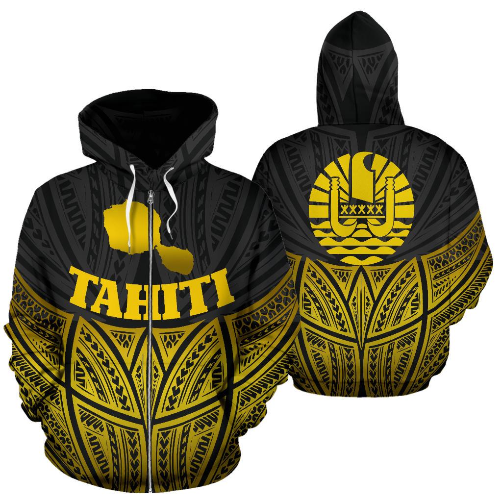 Tahiti Polynesian Zip up Hoodie Gold Pride Map and Seal Unisex Gold - Polynesian Pride