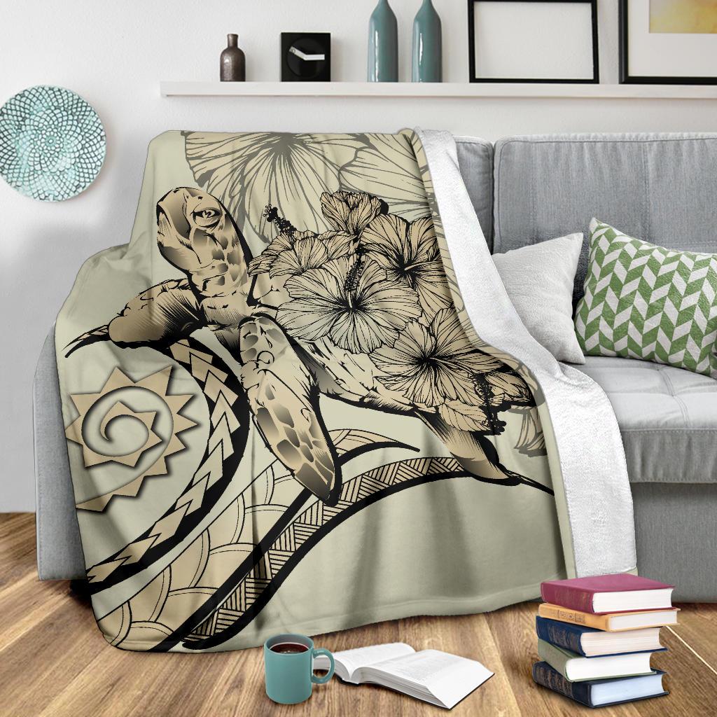 Hawaii Turtle Hibiscus Polynesian Vintage Premium Blanket - Beige - Polynesian Pride